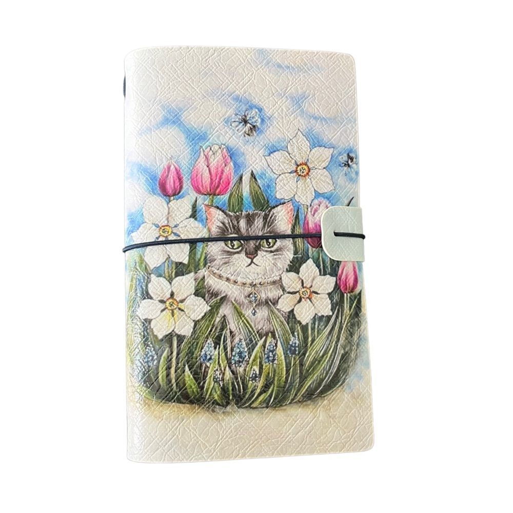 Cat with Flowers and Flies Faux Leather Reusable Travelers Notebook 8x4.5”